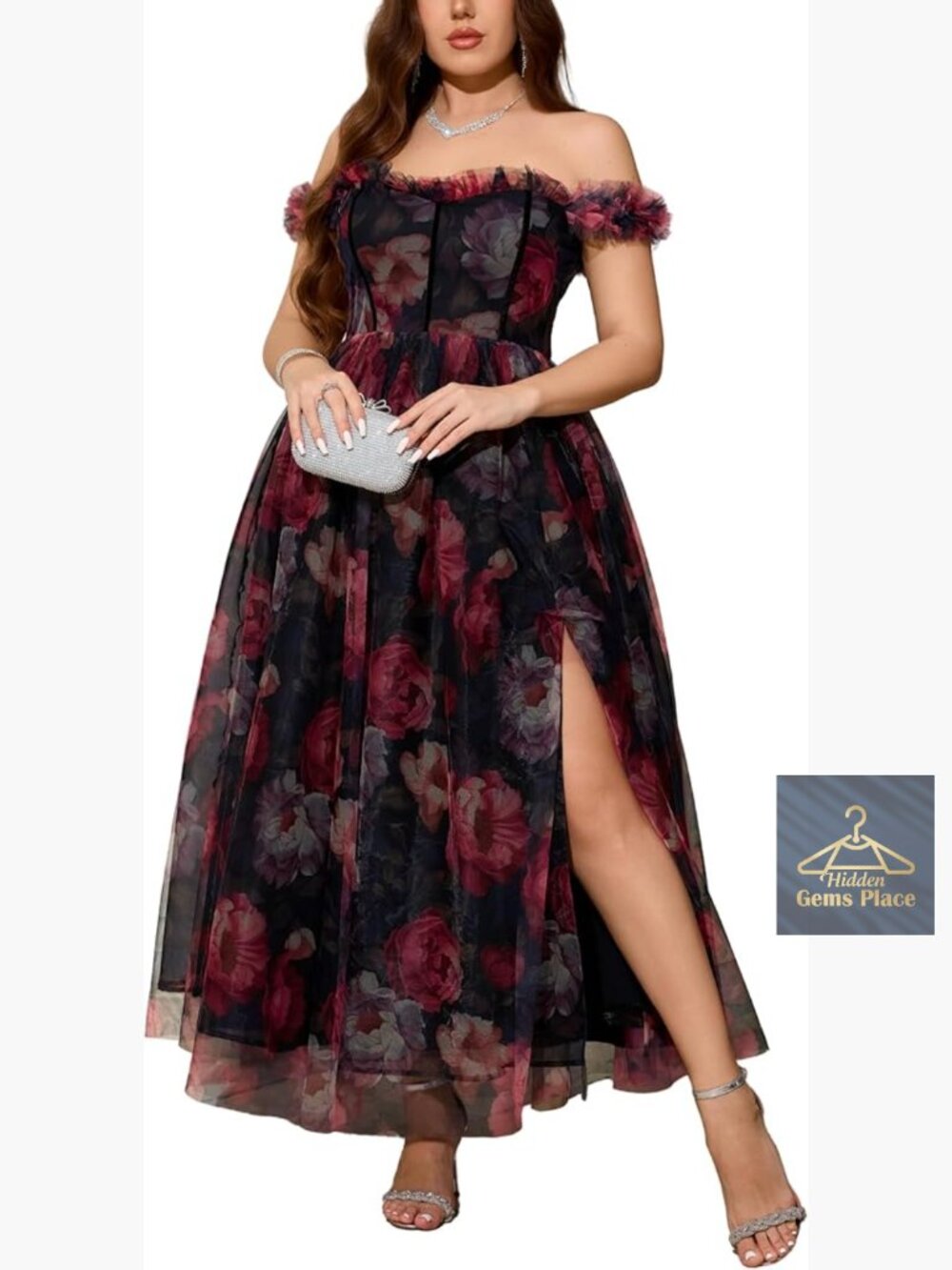 Plus Size Off Shoulder Tulle Maxi Dress with Slit Formal Evening Gown